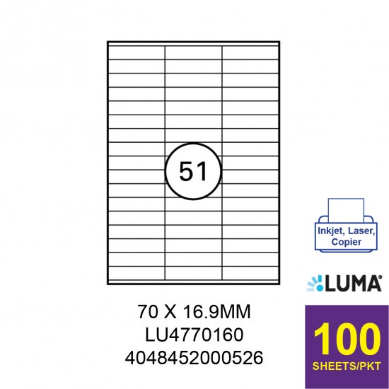 LUMA LU4770160 LABEL FOR INKJET / LASER / COPIER 100 SHEETS/PKT WHITE 70X16.9MM